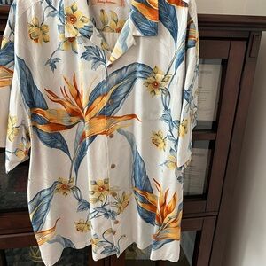 Tommy Bahama White Shirt with Orange and Blue Floral Design